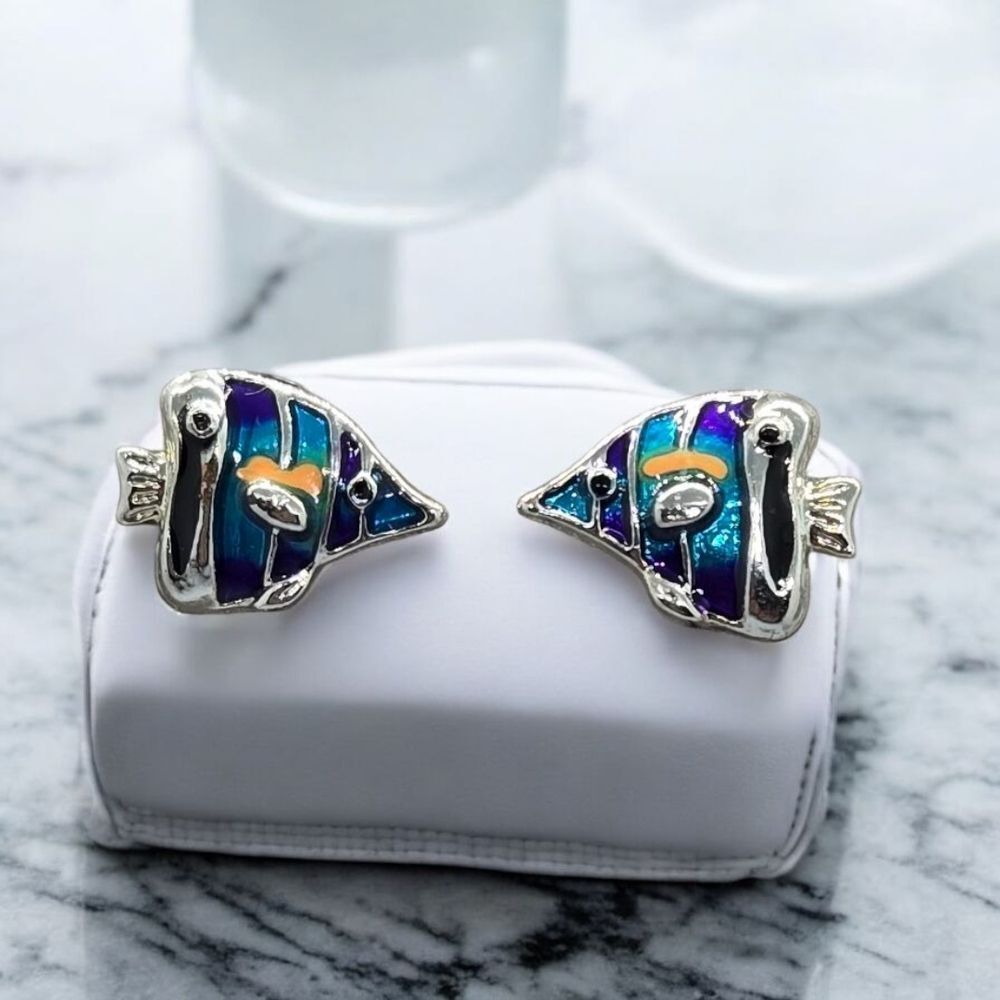 Blue Angelfish Striped Fish Stud Earrings Dainty Pierced Ear Enamel Jewelry New
